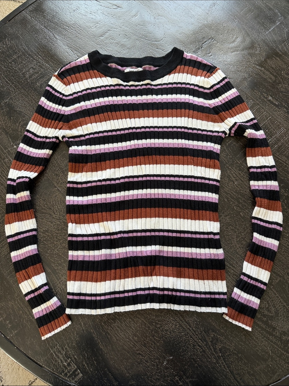 Y2K Nine West Ribbed Long Sleeve Striped Tee in Black, White, Brown, Pink